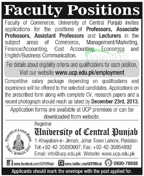 Professor & Lecturer Jobs in University of Central Punjab Lahore