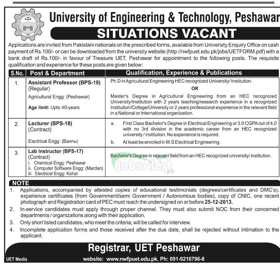 Professor & Lecturer Jobs in University of Engineering & Technology Peshawar