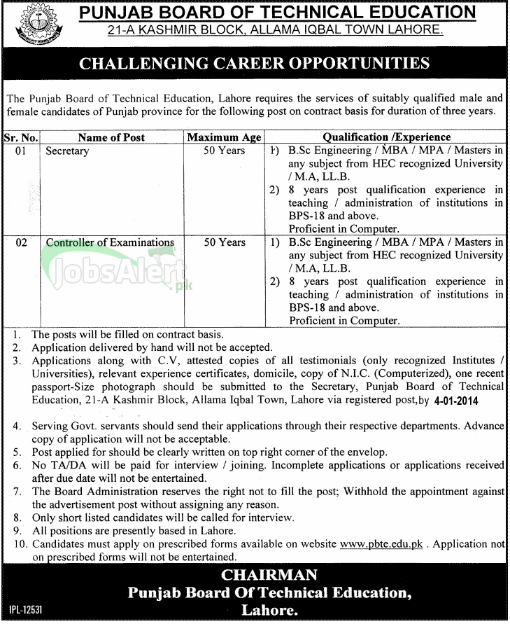 Punjab Board of Technical Education Lahore Jobs for Secretary