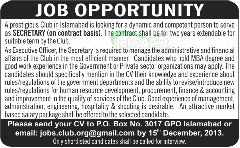 Secretary & Executive Officer Jobs in Prestigious Club Islamabad