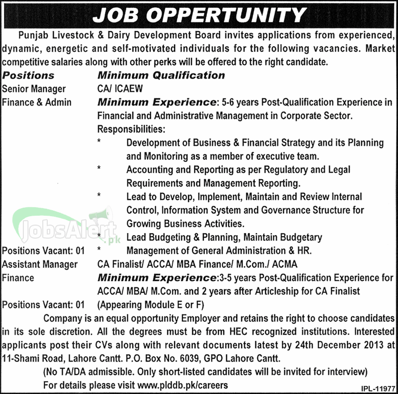 Senior & Assistant Manager Finance Jobs in Punjab Livestock & Dairy Lahore