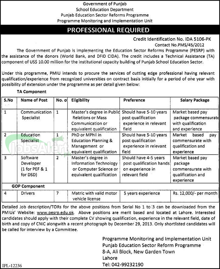 Software Engineer Jobs in Govt Punjab School Education Lahore