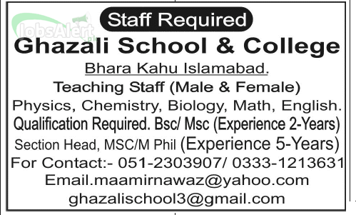 Teaching Staff required at Ghazali School & College Islamabad