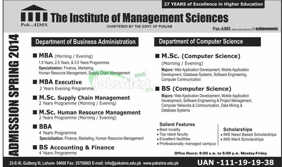 The Institute of Management Science Lahore Admission Spring 2014
