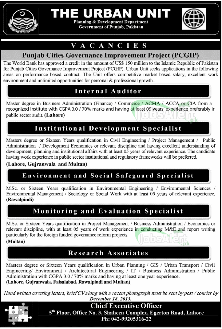 The Urban Unit Govt of Punjab Jobs for Internal Auditor & Research Associate