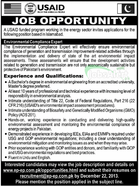 USAID Islamabad Jobs for Environmental Compliance Expert