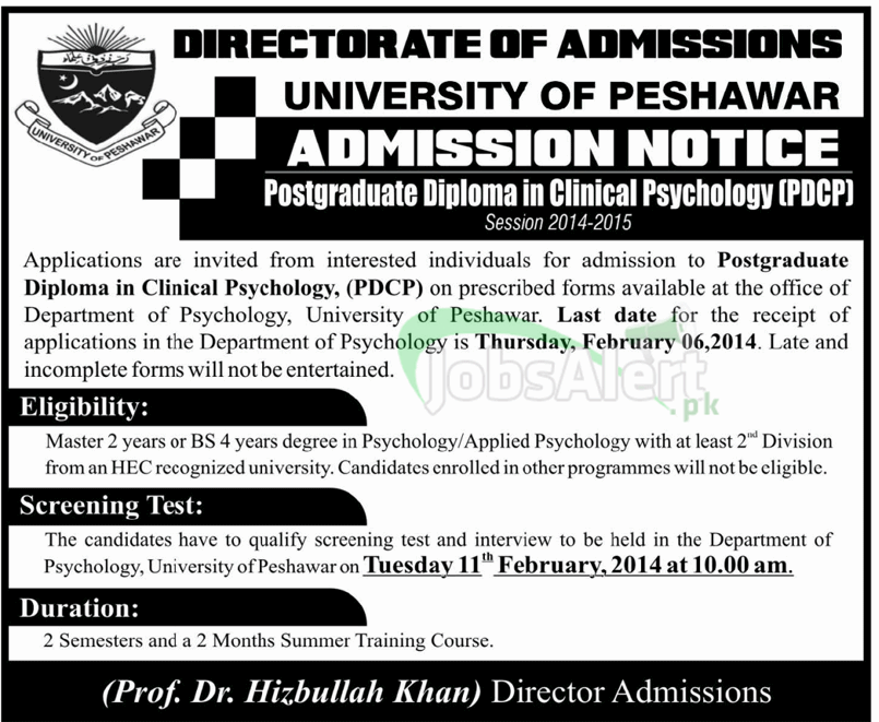 Admission 2014 in PDCP at University of Peshawar