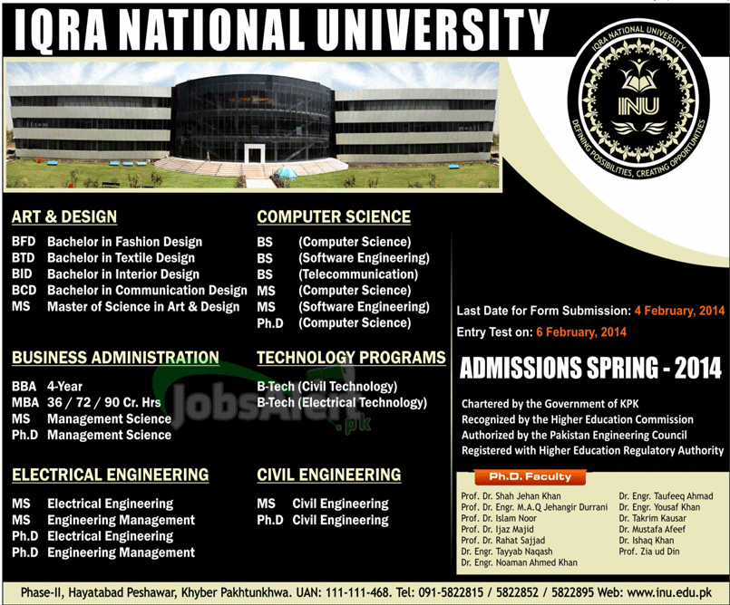 Admissions 2014 at Iqra National University Peshawar