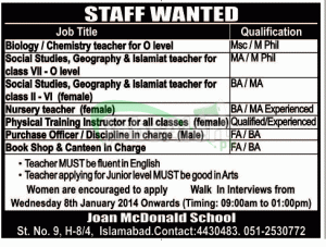 Bio Teacher Job in Joan McDonald School of Islamabad