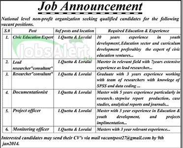 Civic Education Expert, Project & Monitoring Officer Jobs in Quetta