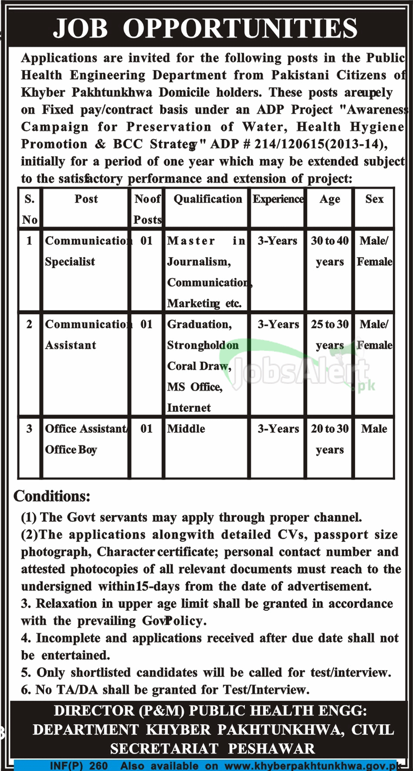 Communication Specialist Jobs in Health Engineering Deptt. KPK