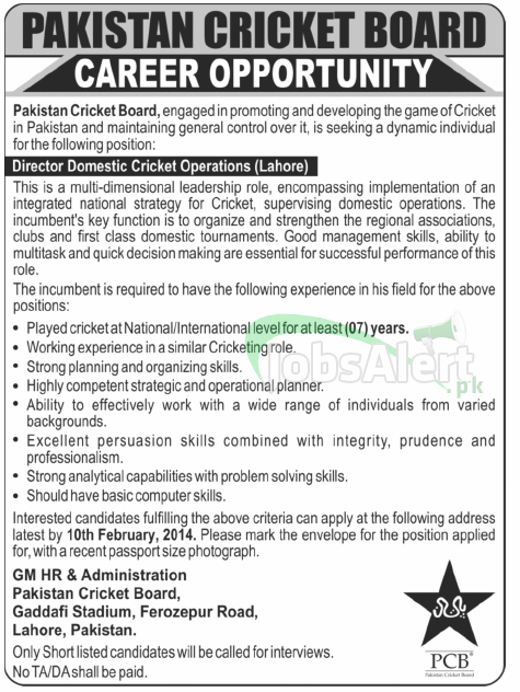 Director Domestic Cricket Operations Jobs in PCB Lahore