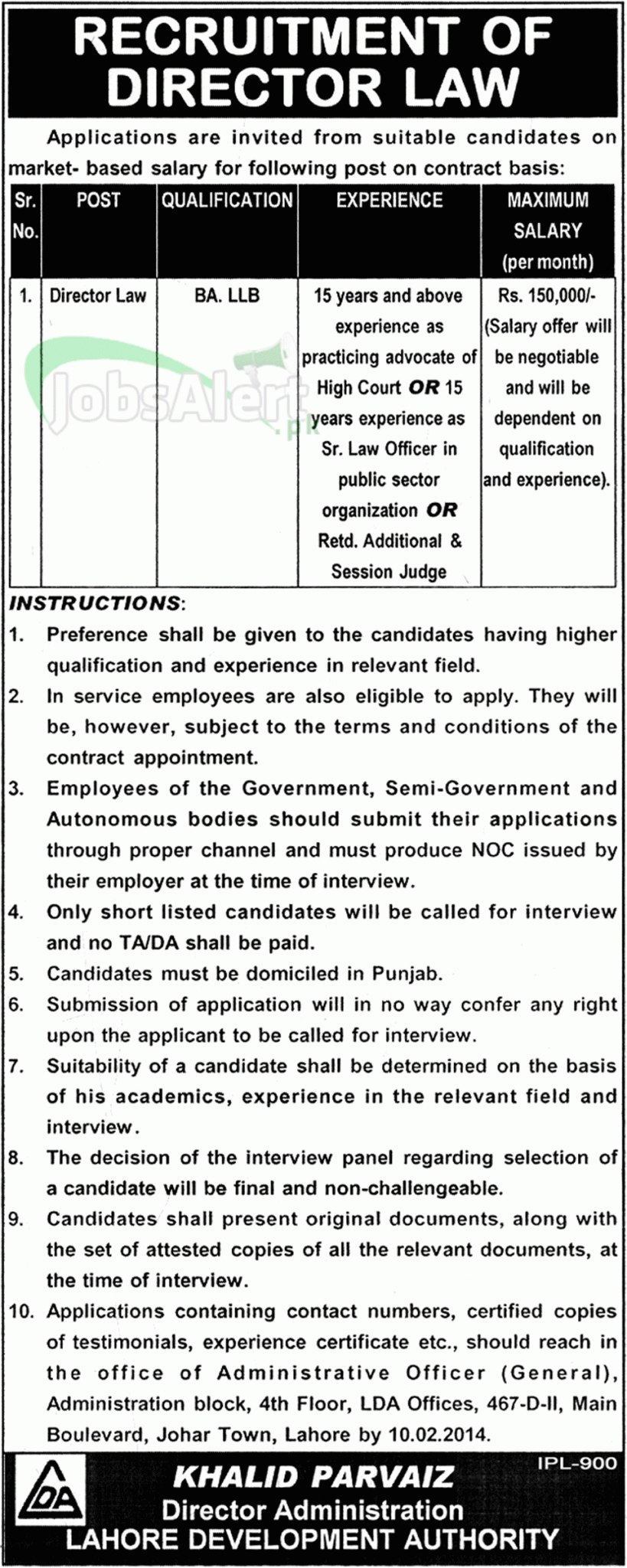 Director Law Jobs in Lahore Development Authority LHR.