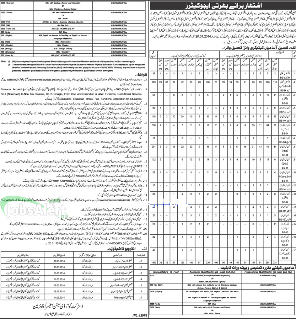 Educator Jobs 2014 for School Teachers in District Faisalabad