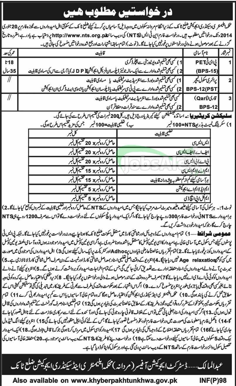 Educator Jobs 2014 for School Teachers in Distt. Tank