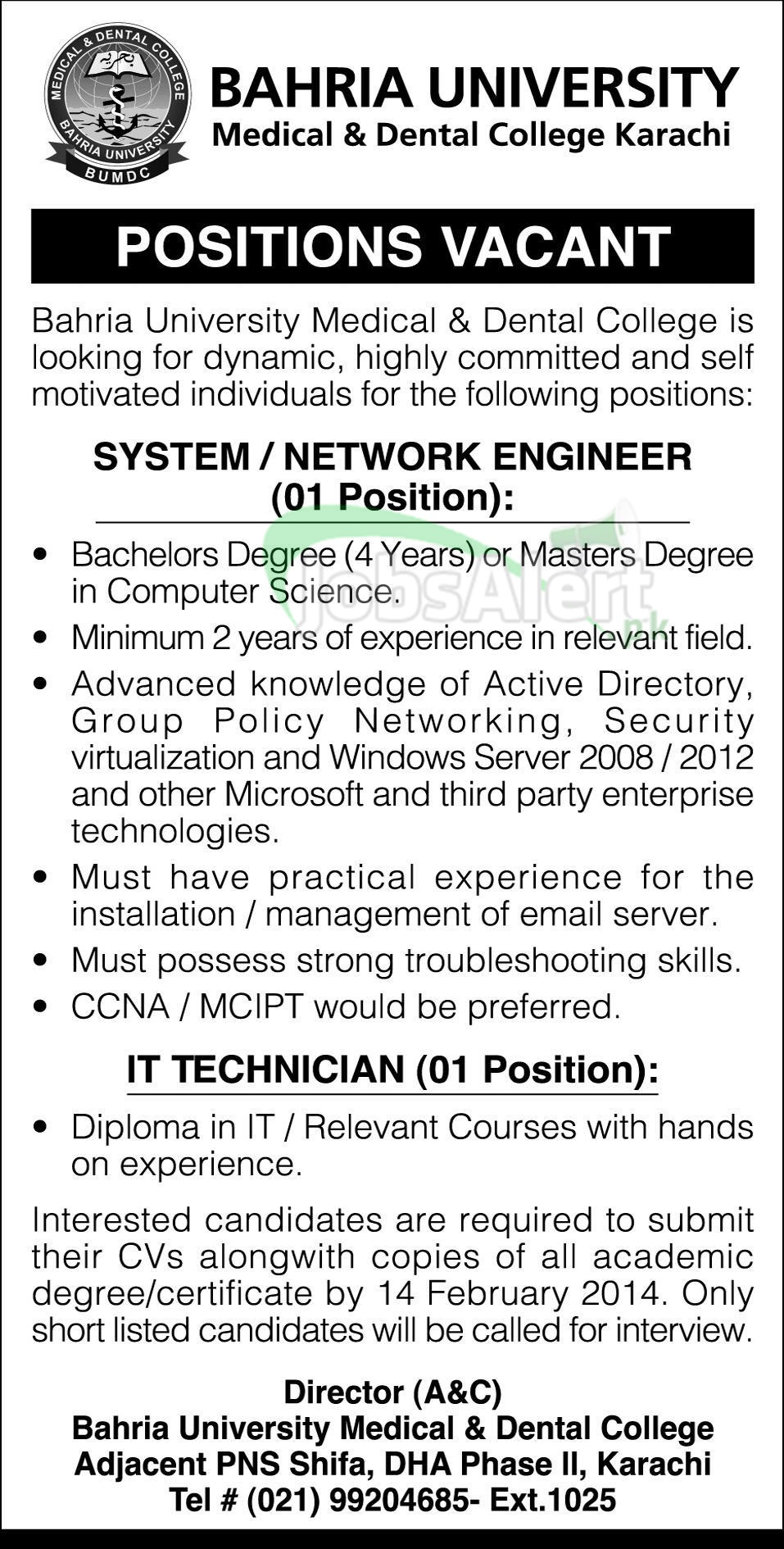 Engineer & IT Technician Jobs in Bahria University Karachi