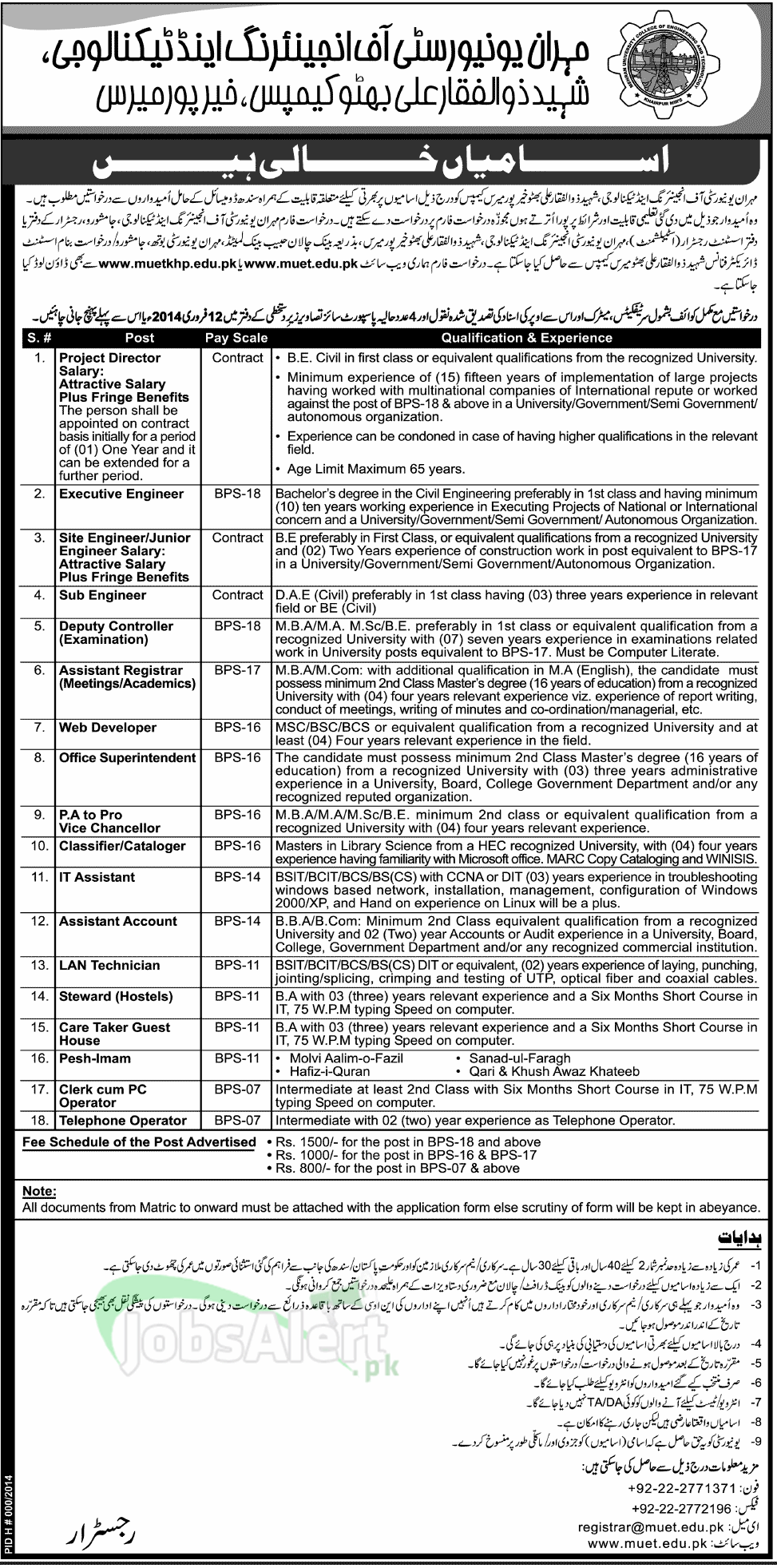 Government Jobs 2014 in Mehran UET Khairpur Mirs