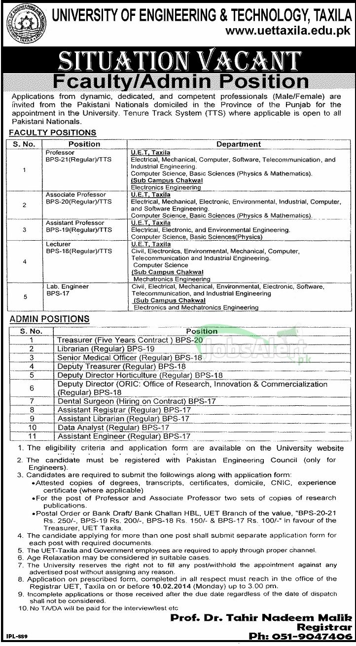 Government Jobs 2014 in UET Taxila