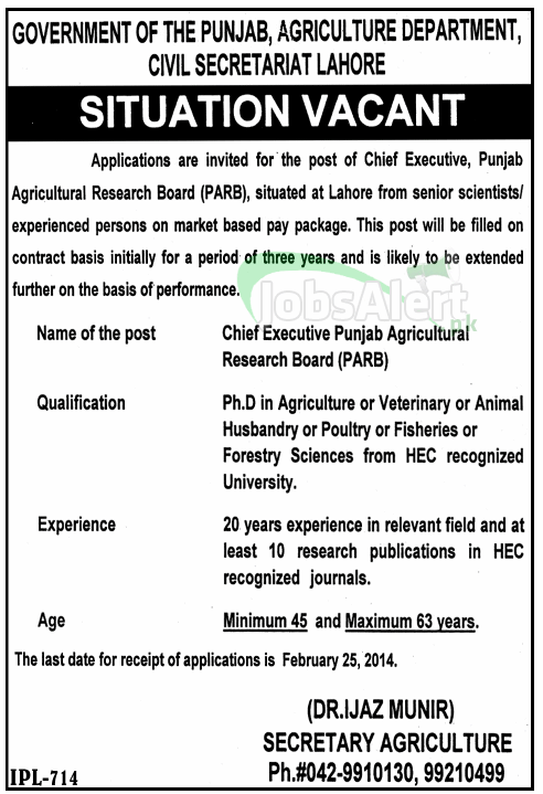 Govt. Jobs in Agriculture Department Civil Secretariat Lahore