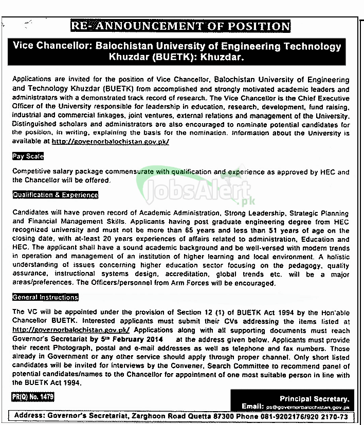 Govt. Jobs in Balochistan University of Engineering Technology