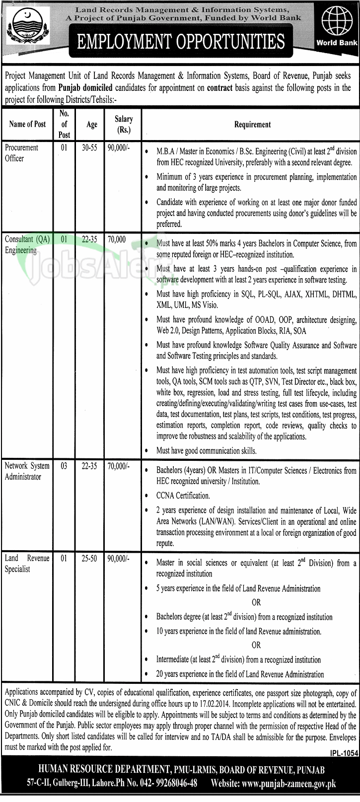Govt. Jobs in Land Records Management & Information Systems LHR