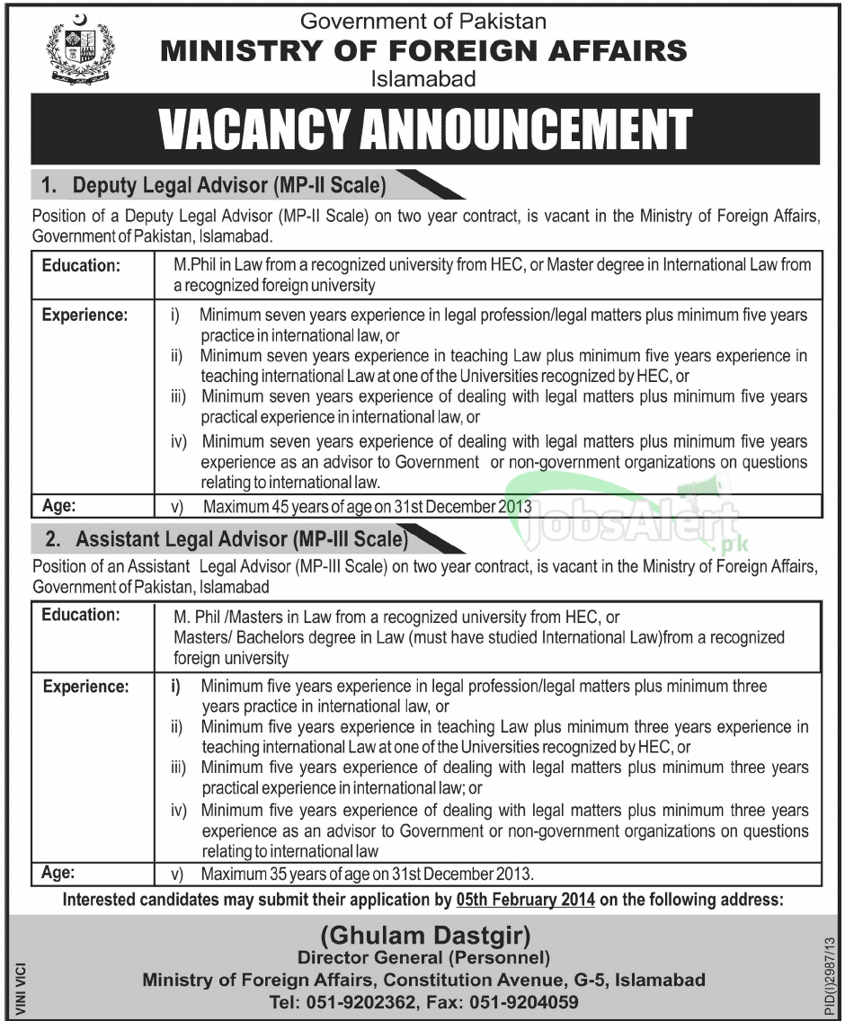 Govt. Jobs in Ministry of Foreign Affairs Islamabad