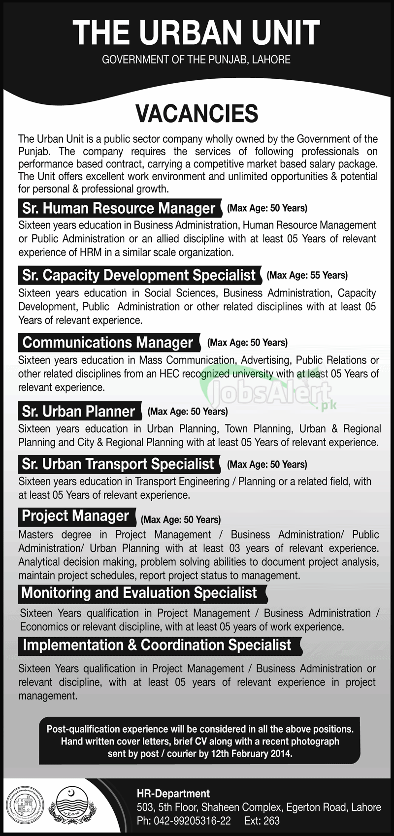 Jobs 2014 in The Urban Unit Government of the Punjab LHR.