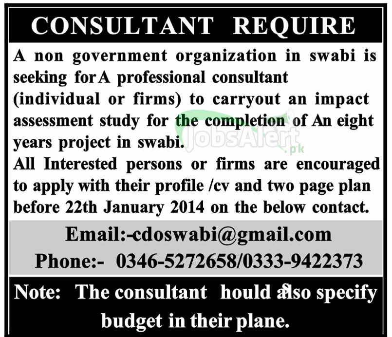 Jobs for Consultant in Non Government Organization Swabi