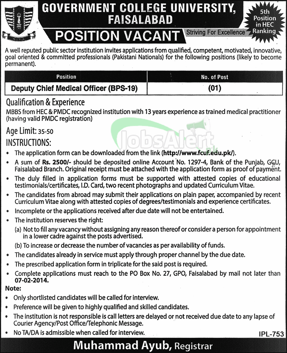 Jobs for Deputy Chief Medical Officer in Govt College University