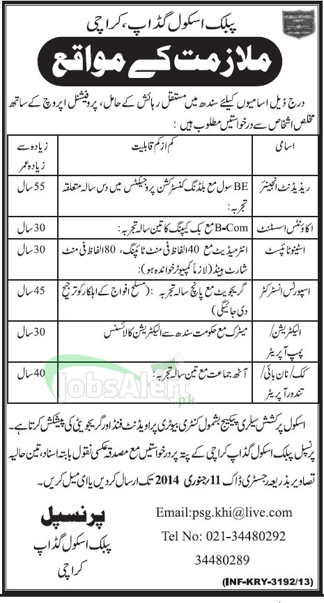 Jobs for Engineer and Stenotypist in Public School Gadap Karachi