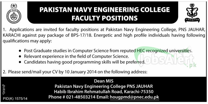Jobs for Faculty in Pakistan Navy Engineering College Karachi