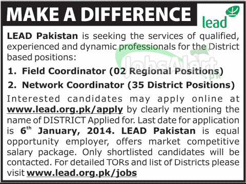 Jobs for Field & Network Coordinator in Lead Pakistan