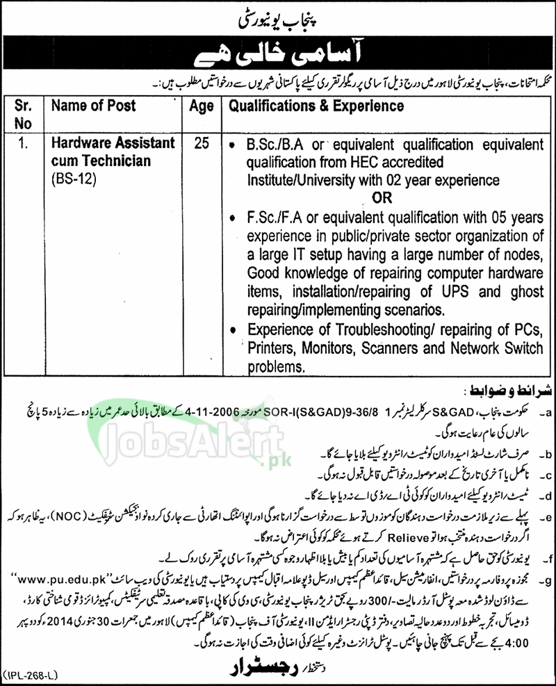 Jobs for Hardware Assistant in University of the Punjab Lahore