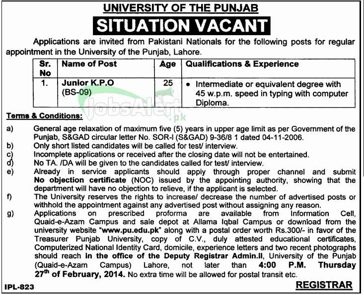 Jobs for Junior KPO in University of the Punjab Lahore