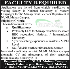 Jobs for Management Sciences Department in NUML Multan