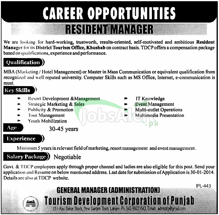 Jobs for Manager in Tourism Development Corporation of Punjab