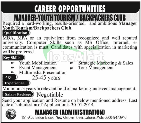 Jobs for Manager in Youth Tourism & Backpackers Club Lahore