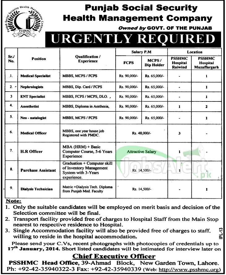 Jobs for Medical Specialist and H.R Officer in PSSMHC