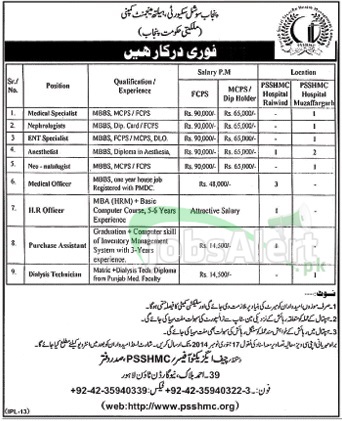 Jobs for Medical Specialist in PSSHMC Govt of Punjab Lahore