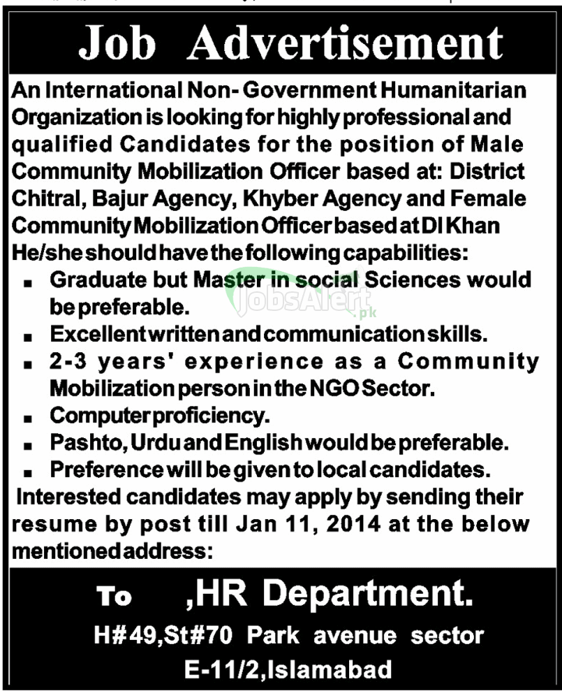 Jobs for Mobilization Officer in Chitral and Khyber Agency