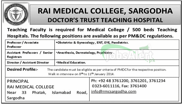 Jobs for Professor and Director in RAI Medical College Sargodha