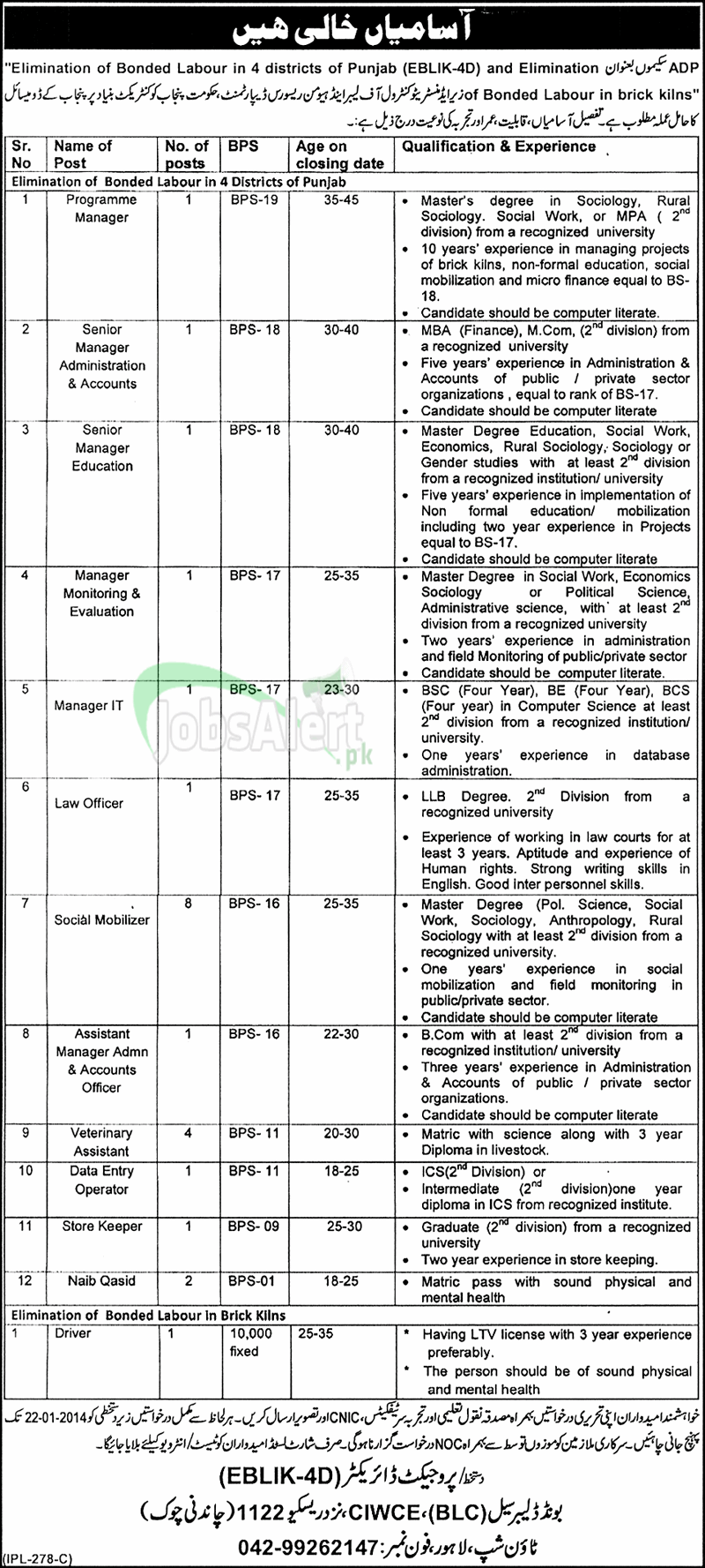 Jobs for Programme Manager in Bonded Labour Cell Lahore