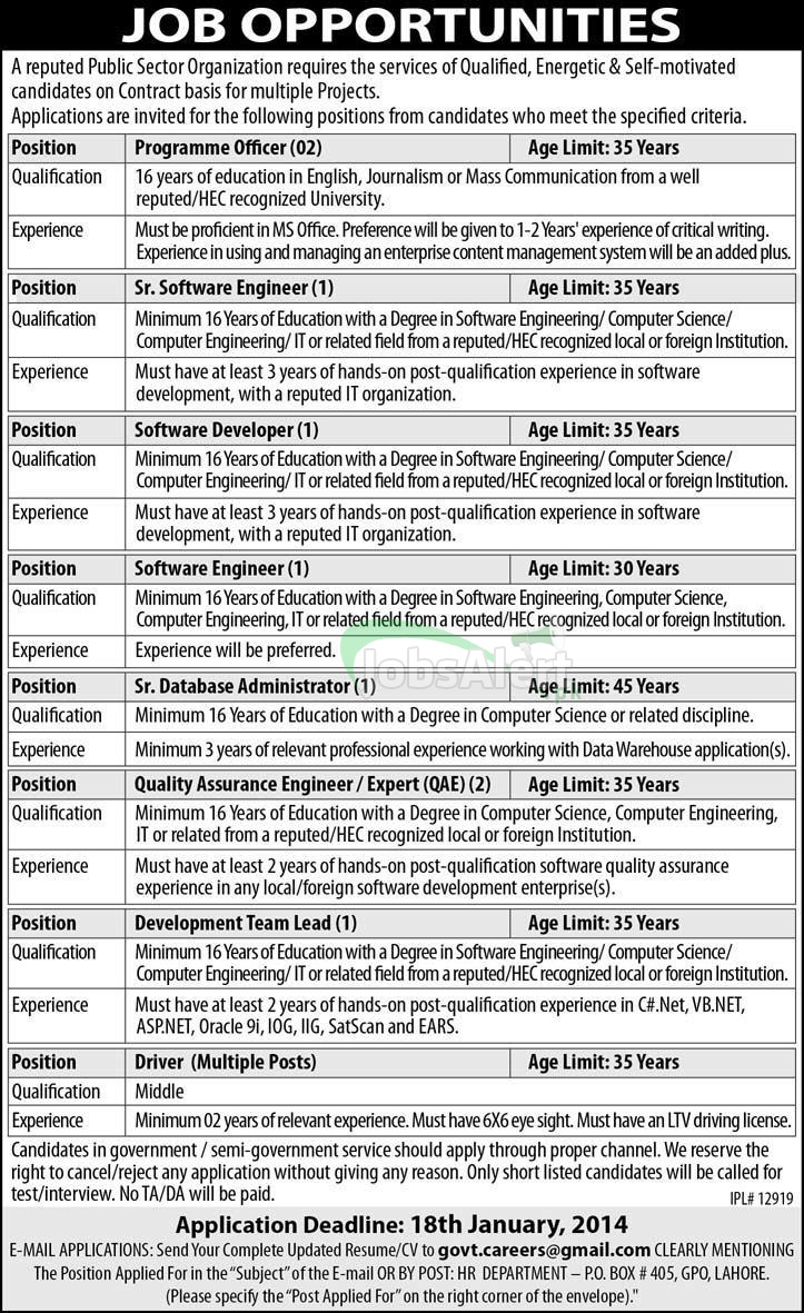 Jobs for Programme Officer in Public Sector Organization Lahore