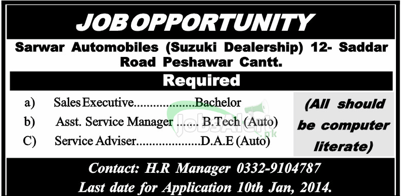 Jobs for Sales Executive in Suzuki Dealership Peshawar