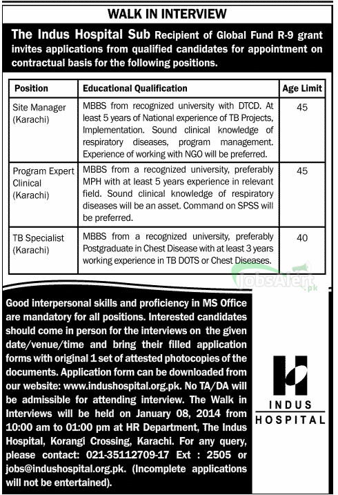Jobs for Site Manager in The Indus Hospital Sub Karachi