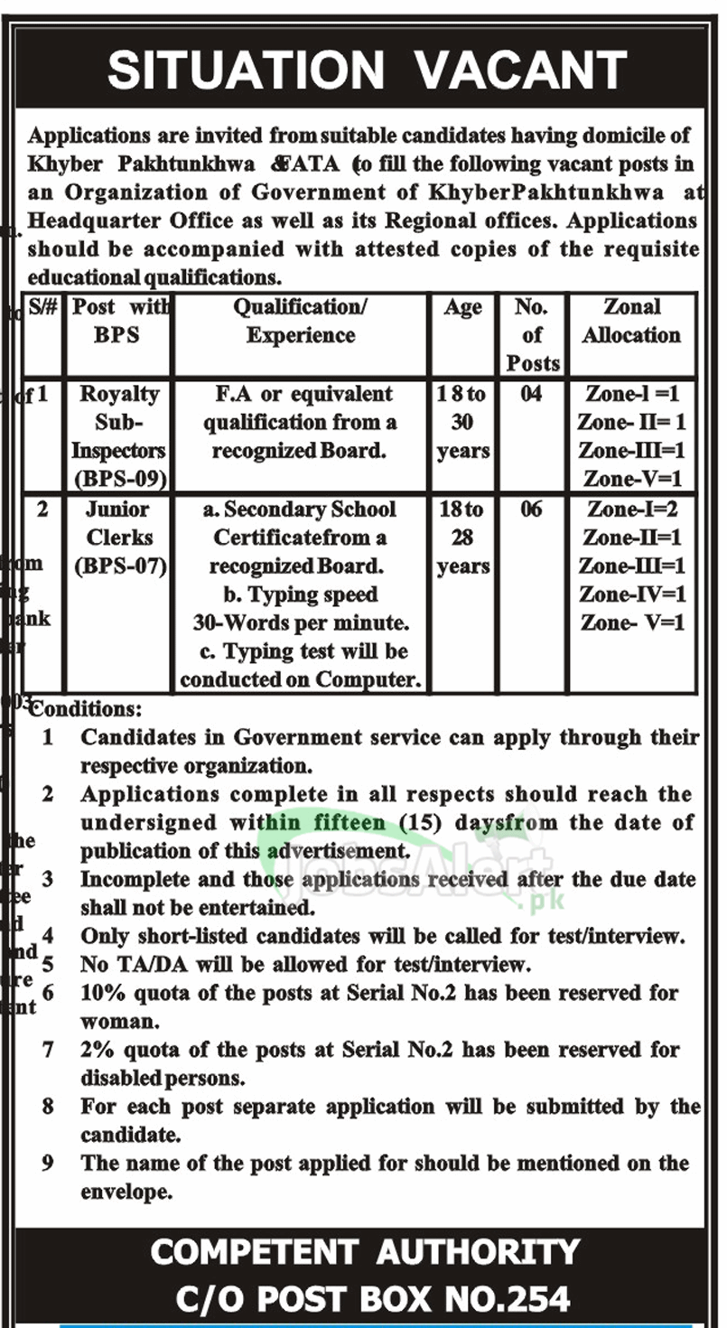 Jobs for Sub Inspector in Headquarter and Regional Offices KPK