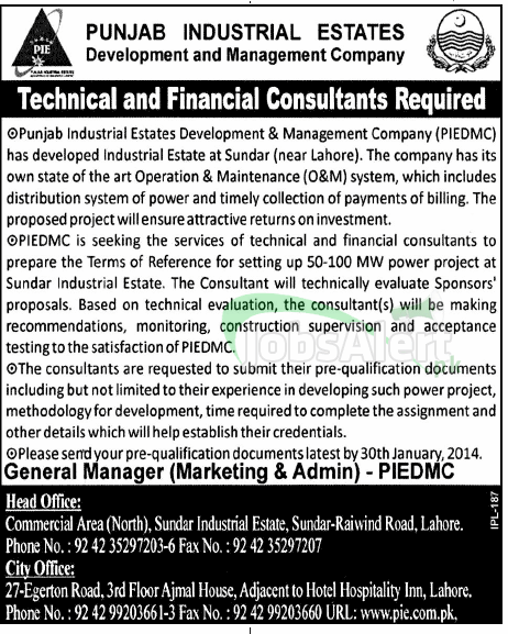 Jobs for Technical Consultants in Punjab Industrial Estates Lahore