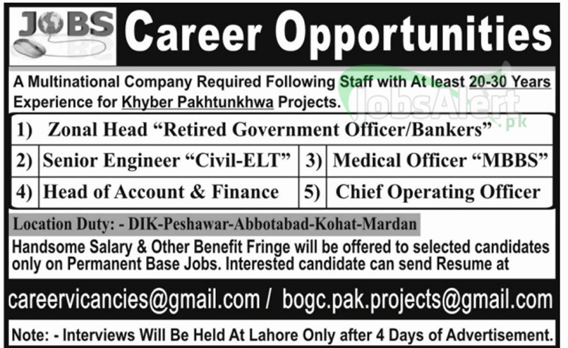 Jobs for Zonal Head and Medical Officer in khyber Pakhtunkhwa
