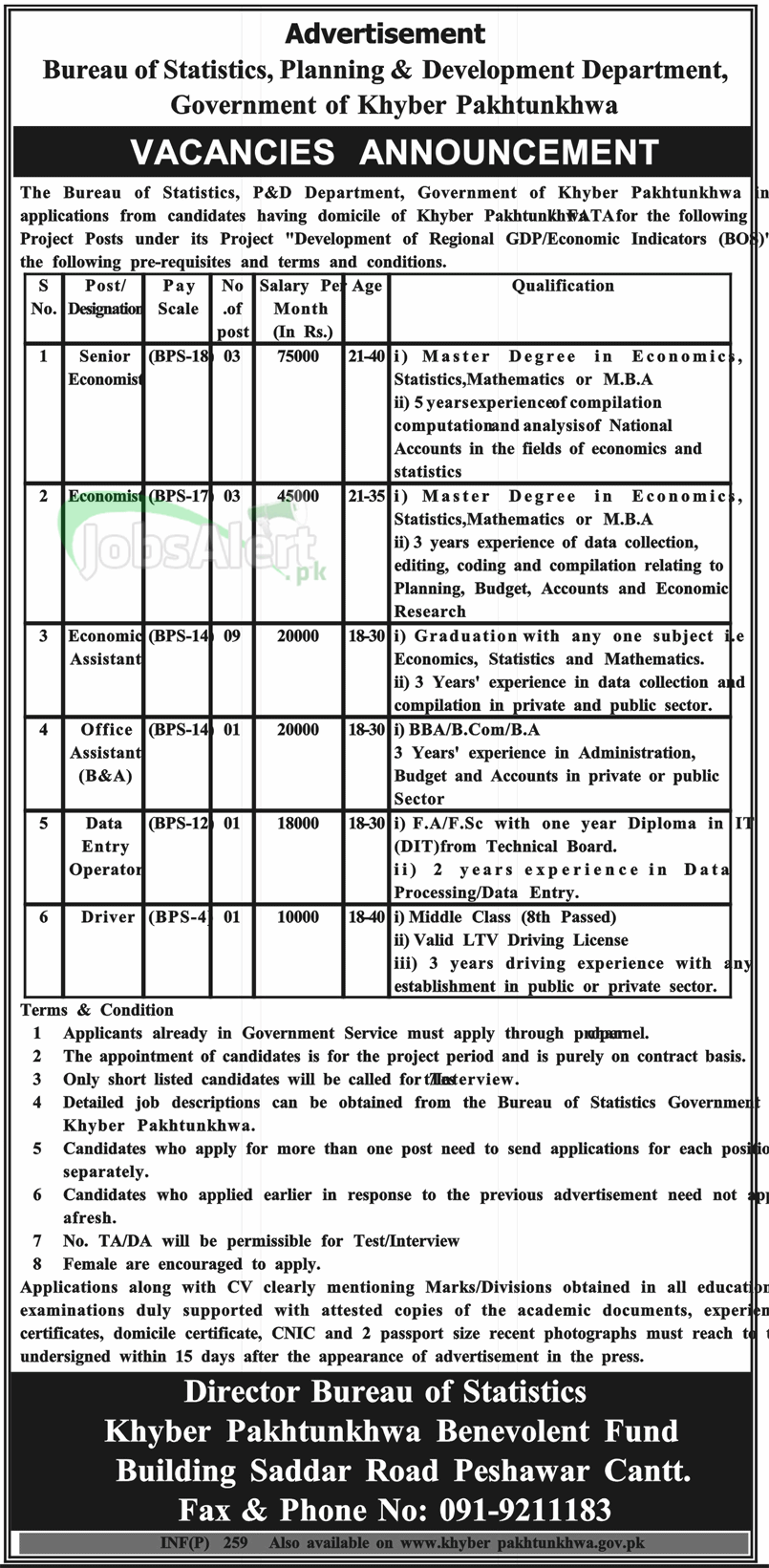 Jobs in Bureau of Statistics, Planning & Development Dpt. KPK