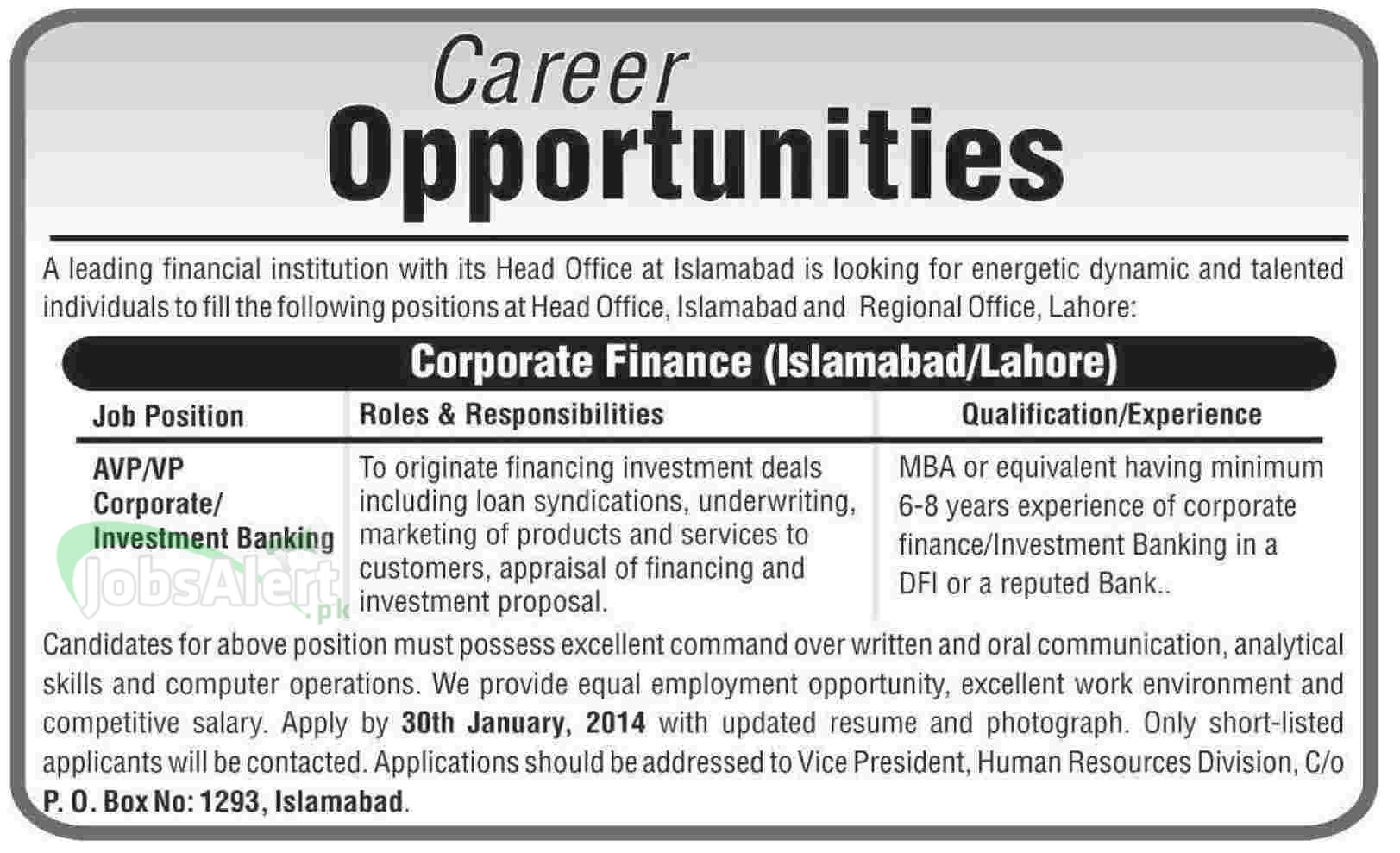 Jobs in Corporate Finance Islamabad & Lahore